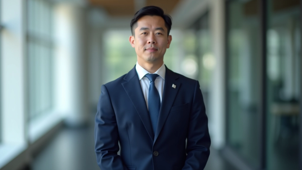 Man in business suit standing confidently with good posture, hands gesturing naturally during presentation, modern office setting